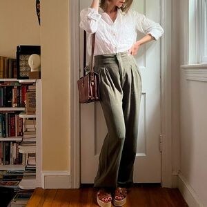 Pleat Front High Waist Wide Leg Long Pants Olive Green XS with Pockets